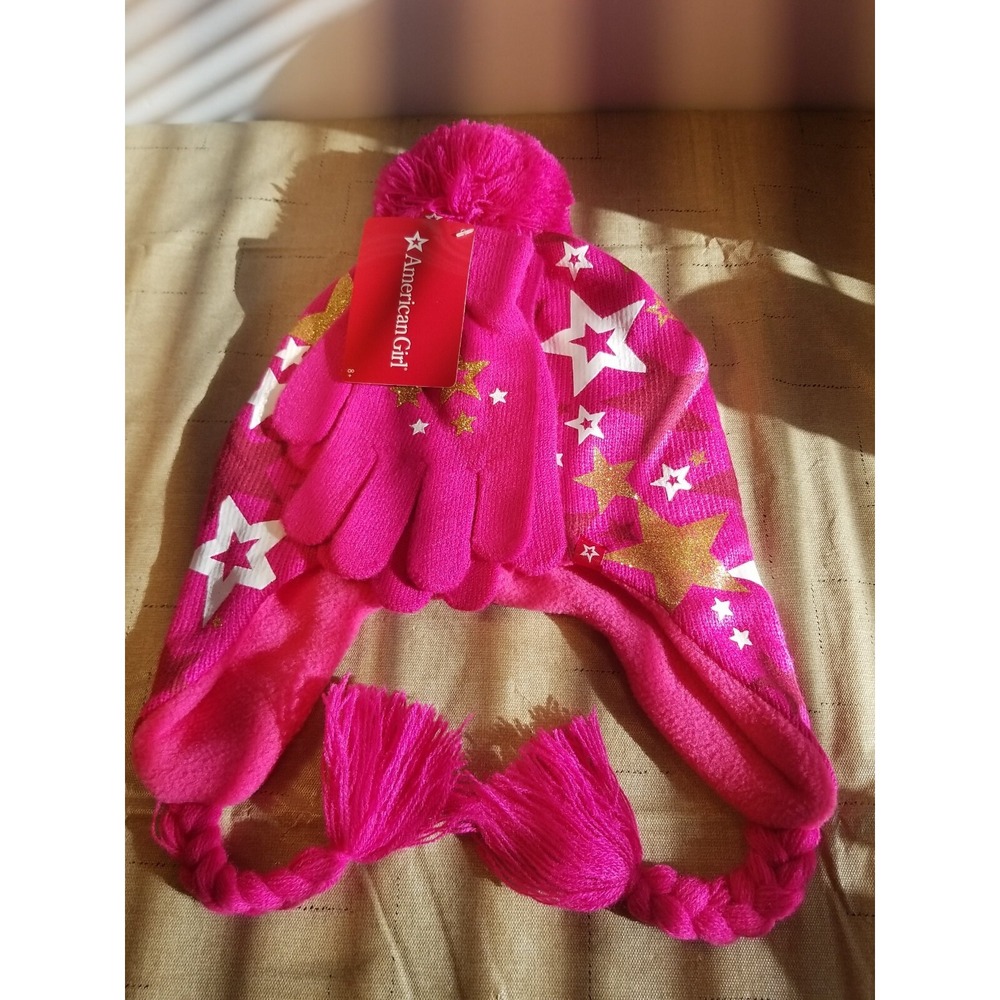 American  Girl  Pink/Gold Star  Pom‎ Pom Tie Knit Hat/Gloves Size 8+ Years